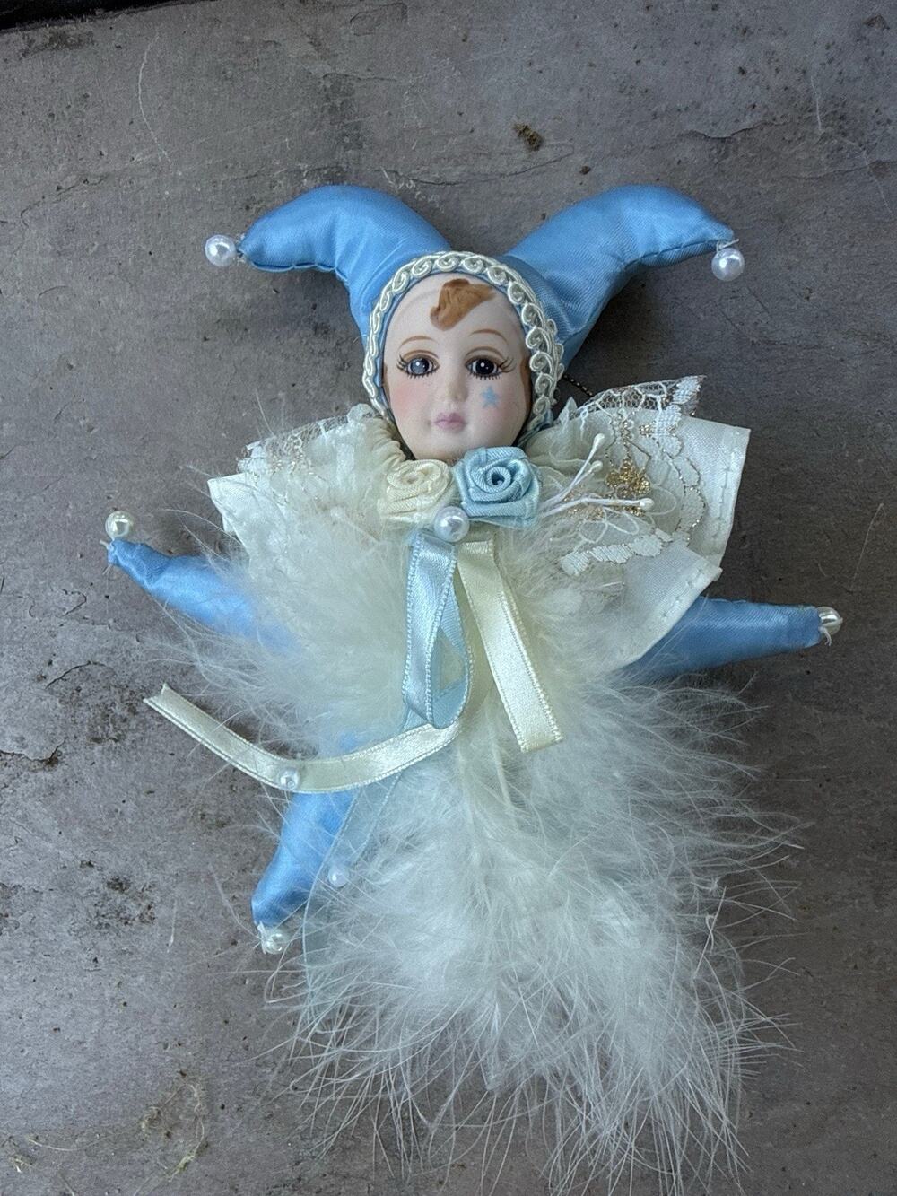 Vintage Porcelain Face Pierrot Jester Ornament 8" Blue Satin Harlequin Doll